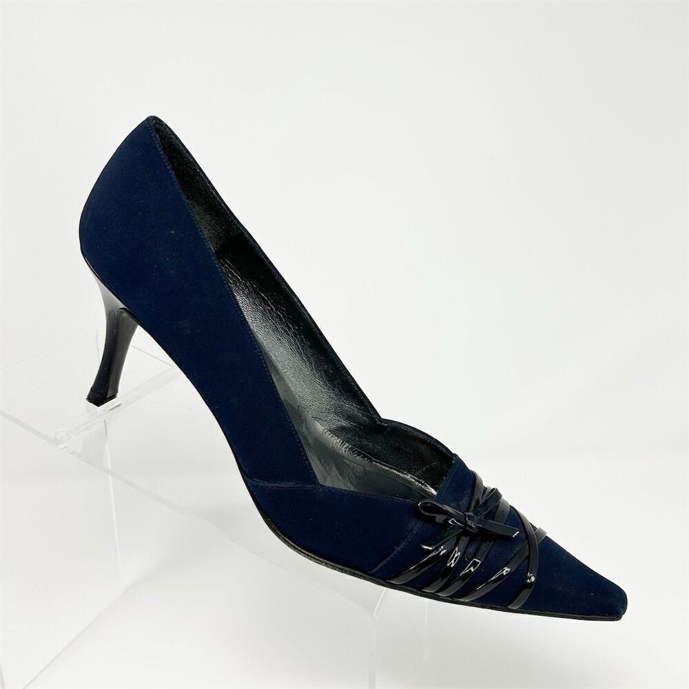 Stuart Weitzman Women's Navy Blue Pointed Toe Bow Swirled Heels Size 10.5 Narrow